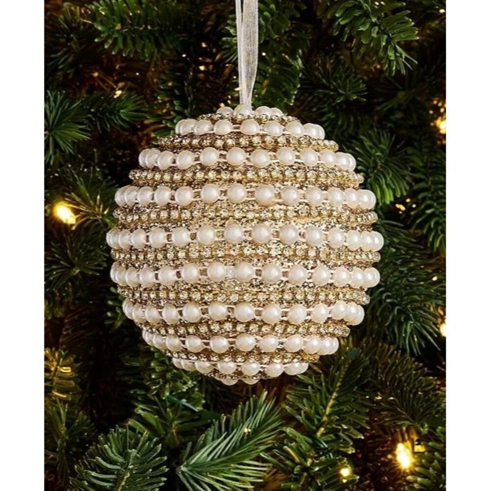 Macy’s Holiday Lane Gilded Glamour Pearl Stripe rhinestone Christmas Ornament